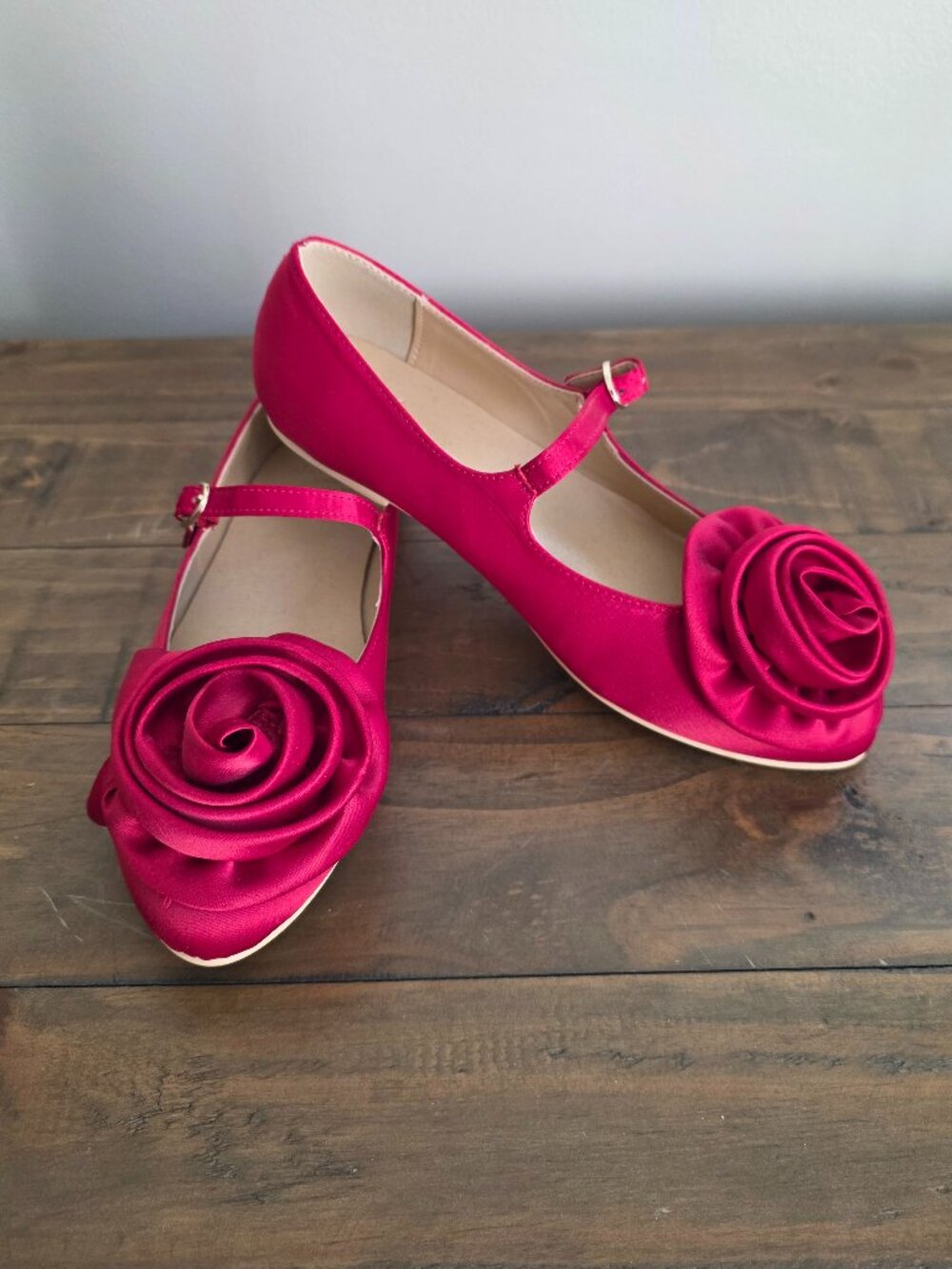Janie and Jack Satin Rosette Ballet Flat Girls Size 3K Holiday Red 3D Flower